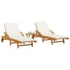 Set 2 Sezlonguri Gossi, Lemn Acacia, Masa Pliabila, Alb/Crem, Perne Incluse, 200x68x30 cm