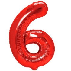 Balon din folie metalizata flippy, figurina cifra, tema aniversare 80 cm, ambalaj individual, pai inclus, umflare cu aer sau heliu, rosu, cifra 6