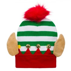 Caciulă Crăciun Elf, Impletită, Multicolor, Urechi, Clopoței, Pompon Roșu