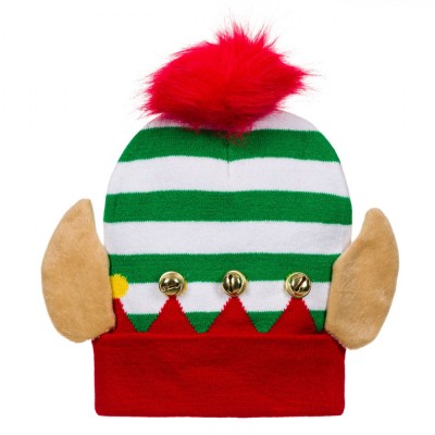 Caciulă Crăciun Elf, Impletită, Multicolor, Urechi, Clopoței, Pompon Roșu foto