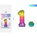 Balon aniversar PartyGo cifra 1, 40cm, curcubeu