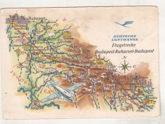 bnk cp Germania - carte postala Lufthansa - zbor Budapesta-Bucuresti-Budapesta - uzata
