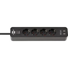 Prelungitor Brennenstuhl Ecolor, cu intrerupator, 4 prize, 2xUSB 2.1A, H05VV-F 3G1.5, 1.5m Negru
