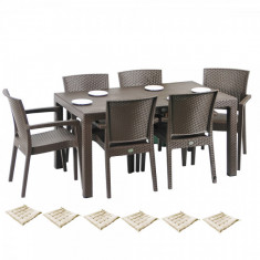 Set mobilier gradina MATARANI masa WOOD 90x150x75cm 6 scaune PARIS RATTAN polipropilen/fibra sticla culoare cafea,6 perne scaun B004068-42306-42332 Ra foto