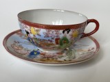 Farfurioara cu ceasca din portelan fin japonez, pictat manual, gheise cu motive florale (4), Decorative