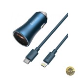 Incarcator Auto Cu Cablu Lightning Baseus Golden Contactor 40W 3A 1 x USB-A - 1 x USB-C Bleumarin TZCCJD-03