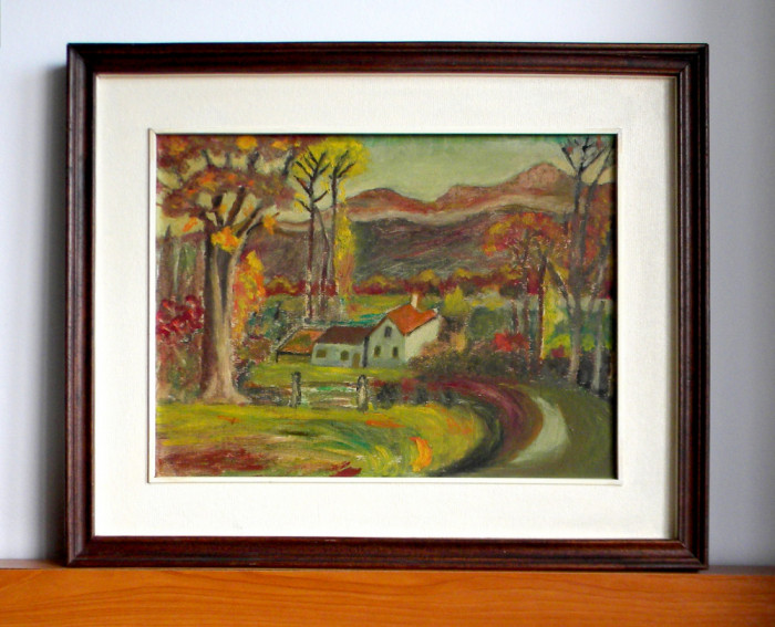 Han in padure - pictura originala cu passepartout ulei pe placaj, semnat 53x43cm