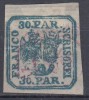 ROMANIA 1862 LP 10 PRINCIPATELE UNITE EMISIUNEA I TIPAR DE MANA 30 PARALE ALBASTRU VERZUI PE HARTIE GALBUIE STAMPILA TUS ROSU, Stampilat