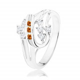Inel de culoare argintie, spirală dublă cu zirconii portocalii şi transparente - Marime inel: 51