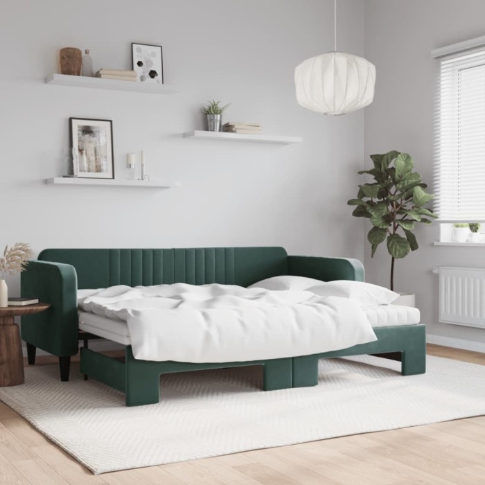 vidaXL Pat de zi cu extensie și saltele verde &icirc;nchis 80x200 cm catifea 3197082