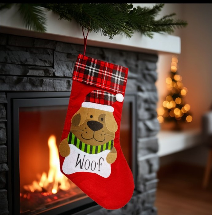 Șosetă decorativă pentru animale &ndash; model c&acirc;ine &ndash; roșu/negru &ndash; 42 x 24 cm