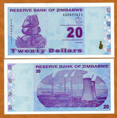 ZIMBABWE █ bancnota █ 20 Dollars █ 2009 █ P-95 █ Serie AA █ UNC █ necirculata foto