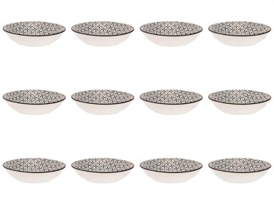 Set farfurii 12 piese din Portelan pentru Supa, Bej cu Model Negru, diametru 20 cm foto