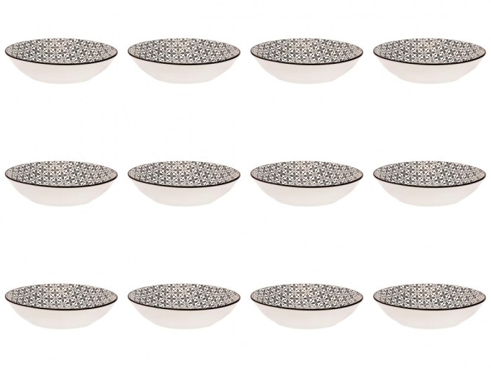 Set farfurii 12 piese din Portelan pentru Supa, Bej cu Model Negru, diametru 20 cm