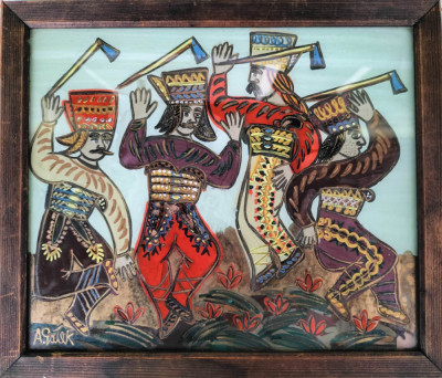 Andrzej GALEK (1916&amp;ndash;1993)-Cazaci dans&amp;acirc;nd cu topoare (Podhala), pictură pe sticlă foto