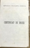 ACTE (4) Certificat de deces RSR, evaluare: stare bună cu ușoară uzură la margini, document vechi de colecție