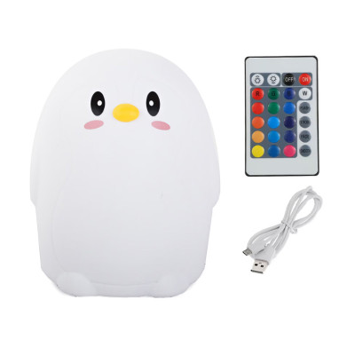 Lampa de Veghe pentru Copii, Control Telecomanda, Incarcare USB, Senzor Tactil Touch, Silicon, 5 Moduri Iluminare LED, Model Pinguin, Alb foto