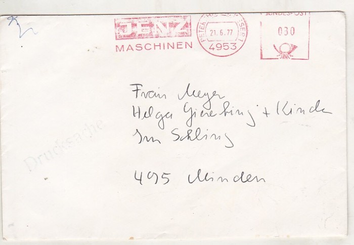 bnk fil Germania RFG - plic circulat 1977 - francatura mecanica