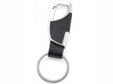 Cumpara ieftin Breloc pentru chei, negru cu argintiu 8 x 2 cm, carabina metalica cu inchidere, insertie aspect piele si inel rotund pentru chei auto, casa sau birou