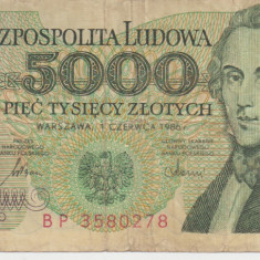 M1 - Bancnota foarte veche - Polonia - 5000 zloti - 1986