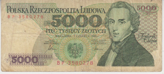 M1 - Bancnota foarte veche - Polonia - 5000 zloti - 1986