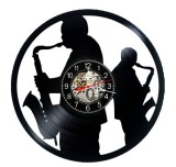 Ceas de perete decorativ realizat din disc de vinil, Model Muzicieni Saxofon Jazz Blues Duo, Negru, 30 cm
