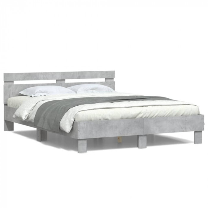 vidaXL Cadru de pat cu tăblie și LED, gri beton, 140x190 cm