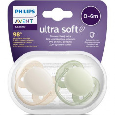 Set 2 suzete Philips-Avent SCF091/05, ultra soft 0-6 luni, Ortodontice, fara BPA, Verde/Bej