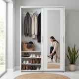 Cumpara ieftin Cuier cu pantofar Adore Porto Maxi, 2 usi cu oglinda, 12 rafturi, capacitate 32 perechi incaltaminte, Alb - Natur, 120x187x40 cm