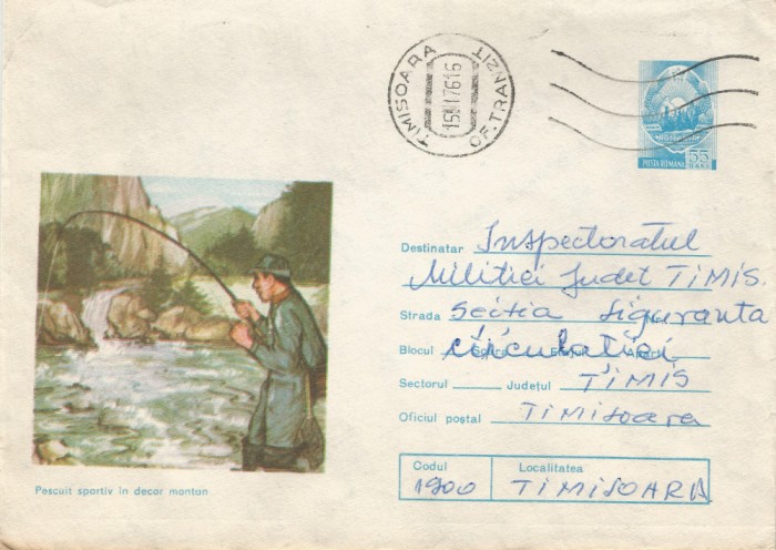 Romania, Pescuitul sportiv in decor montan, plic circulat, 1976