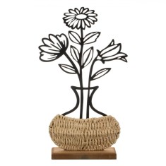 Vază Decorativă, Model Floral Decupat, Bază Paie Naturală, Negru/Bej, 20x35x6cm