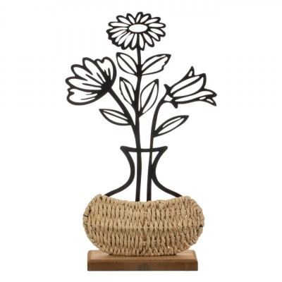 Vază Decorativă, Model Floral Decupat, Bază Paie Naturală, Negru/Bej, 20x35x6cm foto