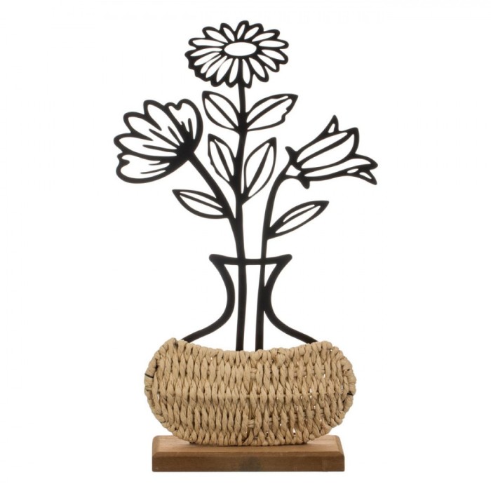 Vază Decorativă, Model Floral Decupat, Bază Paie Naturală, Negru/Bej, 20x35x6cm