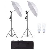 Cumpara ieftin Kit de 2 umbrele albe, 2 trepiezi reglabili 200 cm, 2 becuri 45W, geanta de transport inclusa