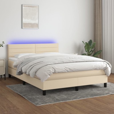 vidaXL Pat cu arcuri, saltea și LED, crem, 140x190 cm, textil 3133234 foto