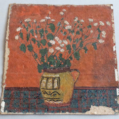 Ulcea cu flori - pictura originala pe carton, lucrare de arta semnata 39x40cm