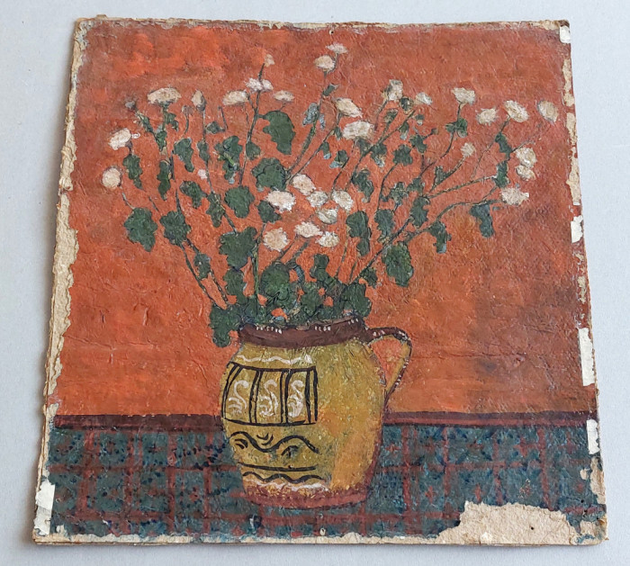 Ulcea cu flori - pictura originala pe carton, lucrare de arta semnata 39x40cm