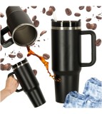 Cana Termica cu Maner din Otel Inoxidabil, cu pai, 1200ml, Negru