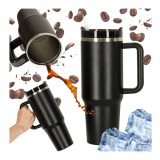 Cana Termica cu Maner din Otel Inoxidabil, cu pai, 1200ml, Negru