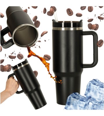 Cana Termica cu Maner din Otel Inoxidabil, cu pai, 1200ml, Negru foto