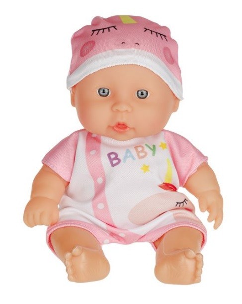 Papusa bebelus, fetita, cu caciulita, alb cu roz, 20 cm, 3 ani+