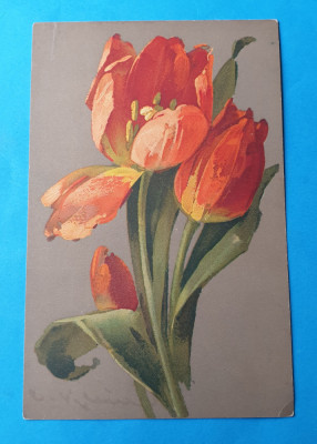 Carte Postala circulata veche anii 1920 - Lalele rosii foto
