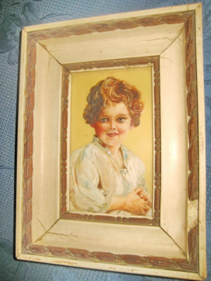A819-Tablou mic vechi copil lito carton repictata. foto