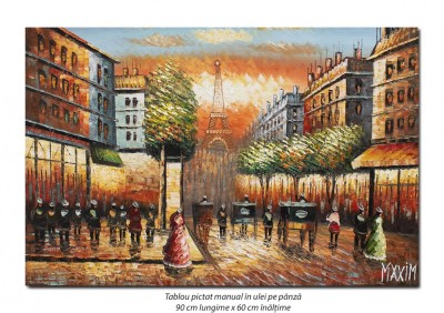 Tablou pictat manual, Parisul interbelic, bulevard animat, 90x60cm ulei in cutit efect 3D, gata de expus pe perete foto