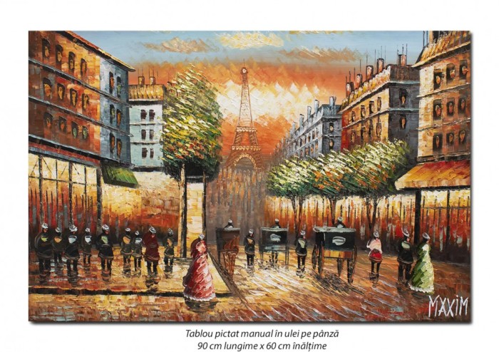 Tablou pictat manual, Parisul interbelic, bulevard animat, 90x60cm ulei in cutit efect 3D, gata de expus pe perete