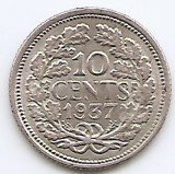 Olanda 10 Cents 1937 - Wilhelmina, Argint 1.4 g/640, 15 mm KM-163 (1), Europa