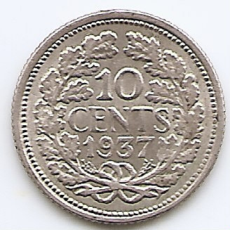 Olanda 10 Cents 1937 - Wilhelmina, Argint 1.4 g/640, 15 mm KM-163 (1) foto