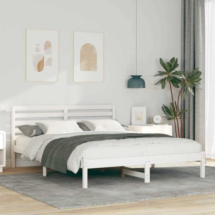 vidaXL Cadru de pat cu headboard Alb 150 x 200 cm Lemn masiv de pin 872285