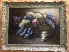 Tablou,pictura in ulei pe panza,cos cu flori,liliac,semnat foto