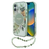 Husa iPhone 16 Plus originala Guess IML Flowers with Pearl Strap MagSafe, verde, GUHMP16MHFWBRCESN